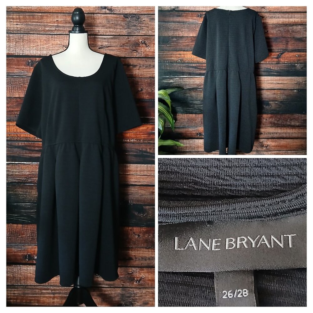 Lane Bryant Dress Plus Size 26 28 Black Textured Pleated Stretch Pockets